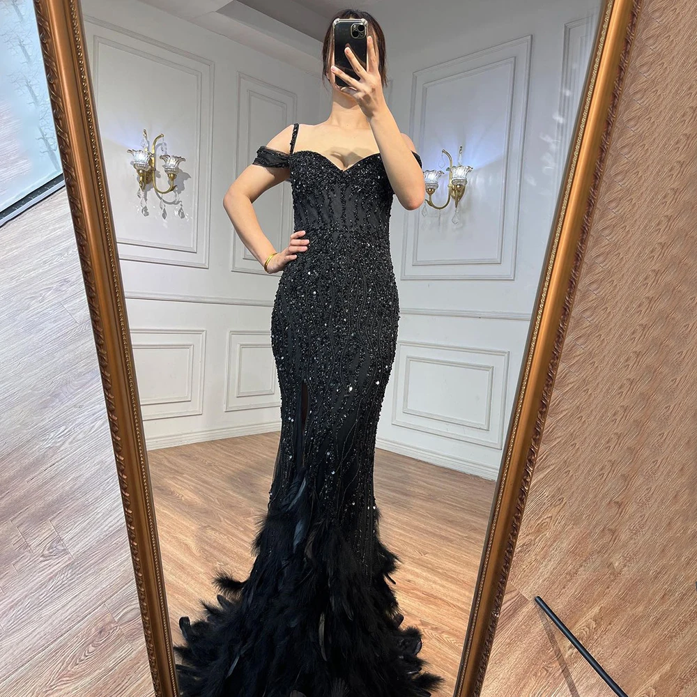 Serene Hill Green Mermaid Sexy High Split Off Shoulder Evening Dresses Feather Beaded Gowns Long 2023 For Women Party LA71650A