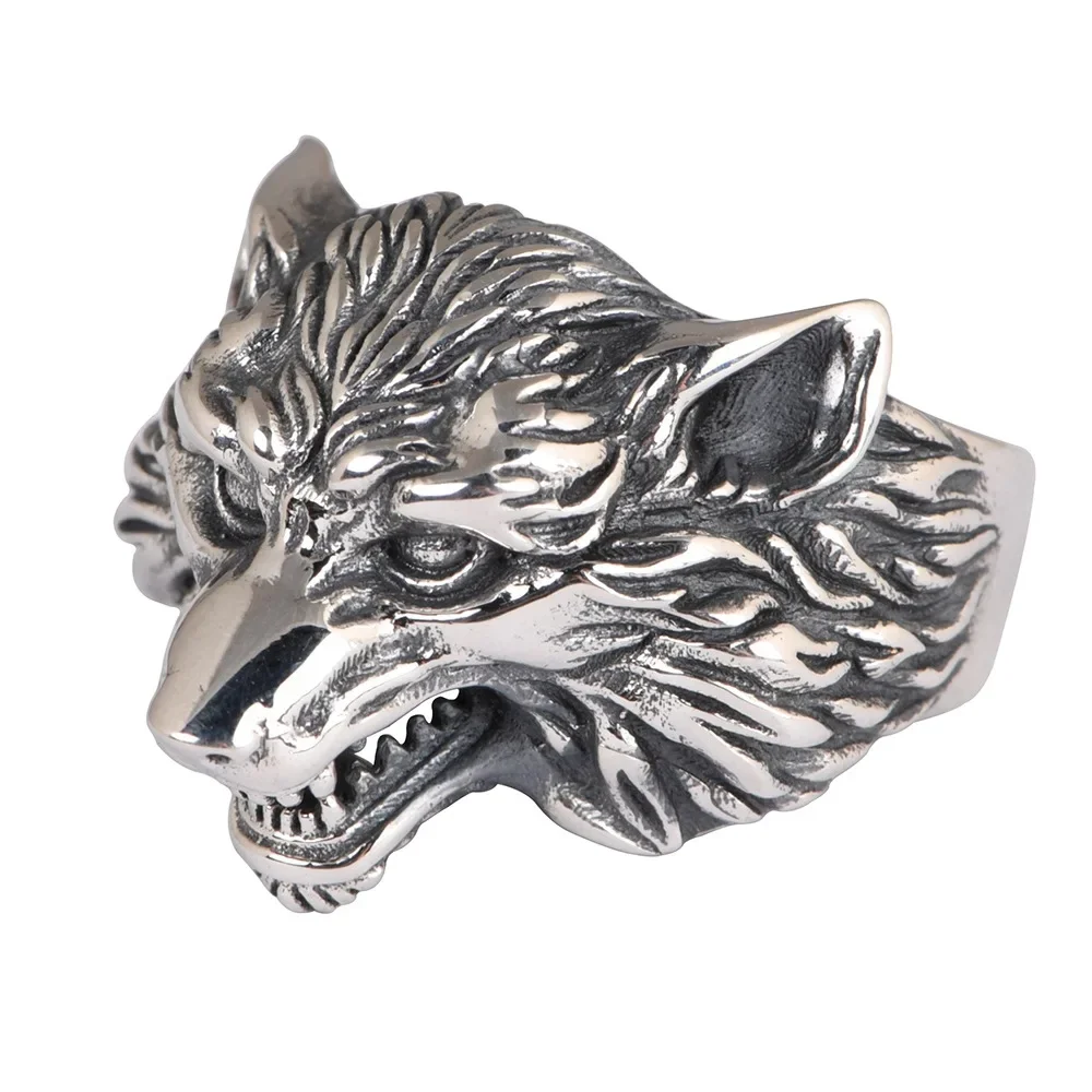 S925 Sterling Silver Vintage Thai Silver Open Ring for Men Wolf