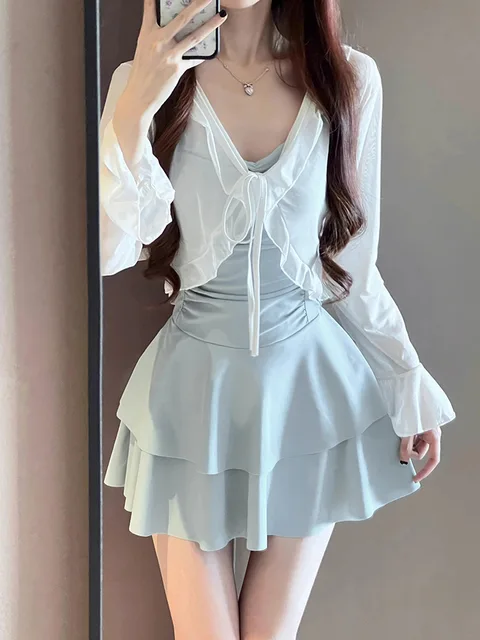 One Piece Bikini Korean Swimsuit Women Black Long Sleeve Cover Up Pleate Dress Swimwear 2025 beach Bathing Suit Holiday Bodysuit 1