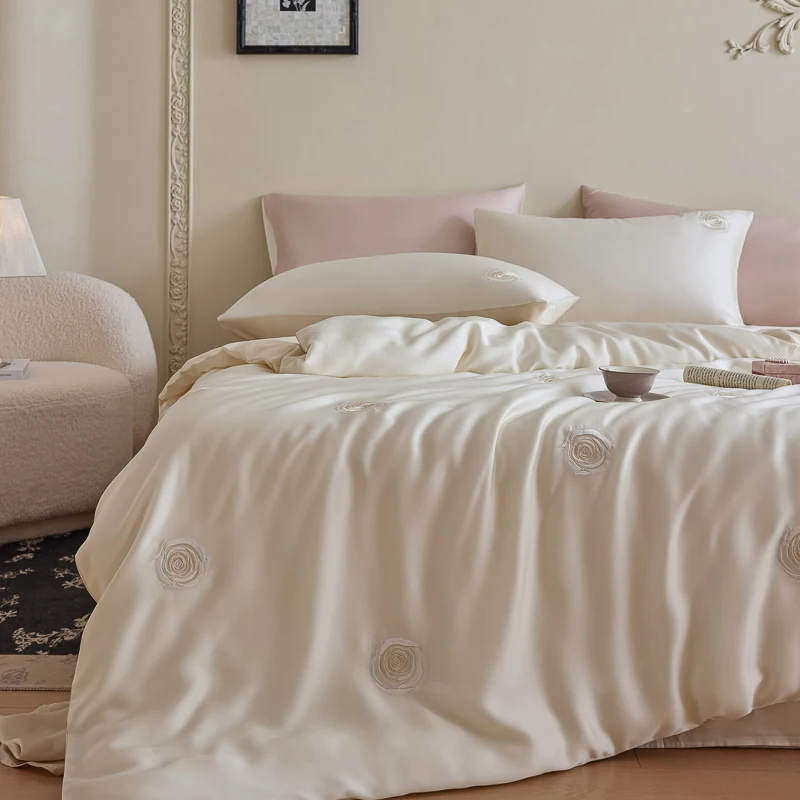 Lyocell Bamboo Fiber Silky Cool Feeling Sleeping Naked Bedding Set Rose Flowers Embroidery Duvet Cover Bed Sheet Set Pillowcases 6