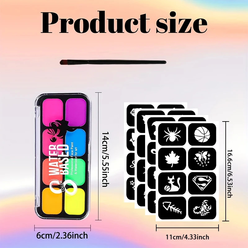 ערכת צבעי גוף נאון גלו בחושך, פלטת צבעים פלואורסנטית מבוססת מים לפנים ולגוף עם מברשת תבניות להלווין