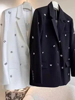Women Casual Blazer Jacket With Letter Embellishment Design Spring Autumn New Long Sleeve Single Breasted Loose Suit Coat Female 2
