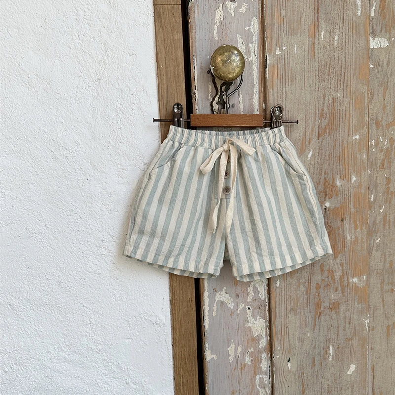 0-3Yers Vintage Linen Cotton Baby Boys Stripe Shorts Casual Buttons Pocket Design Baby Short Pants for Toddler Girls Clothing Casual Shorts Cotton Shorts