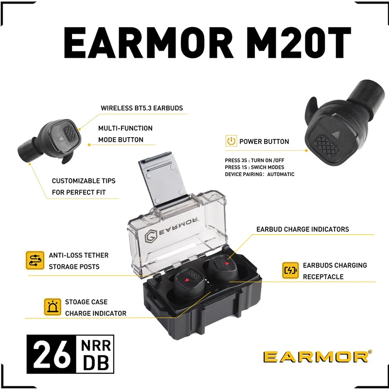 EARMOR BT 5.3 Bluetooth Earplugs M20T Military Electronic Noise Reduction Hearing Protection Earplug for Range Shoot Hunting