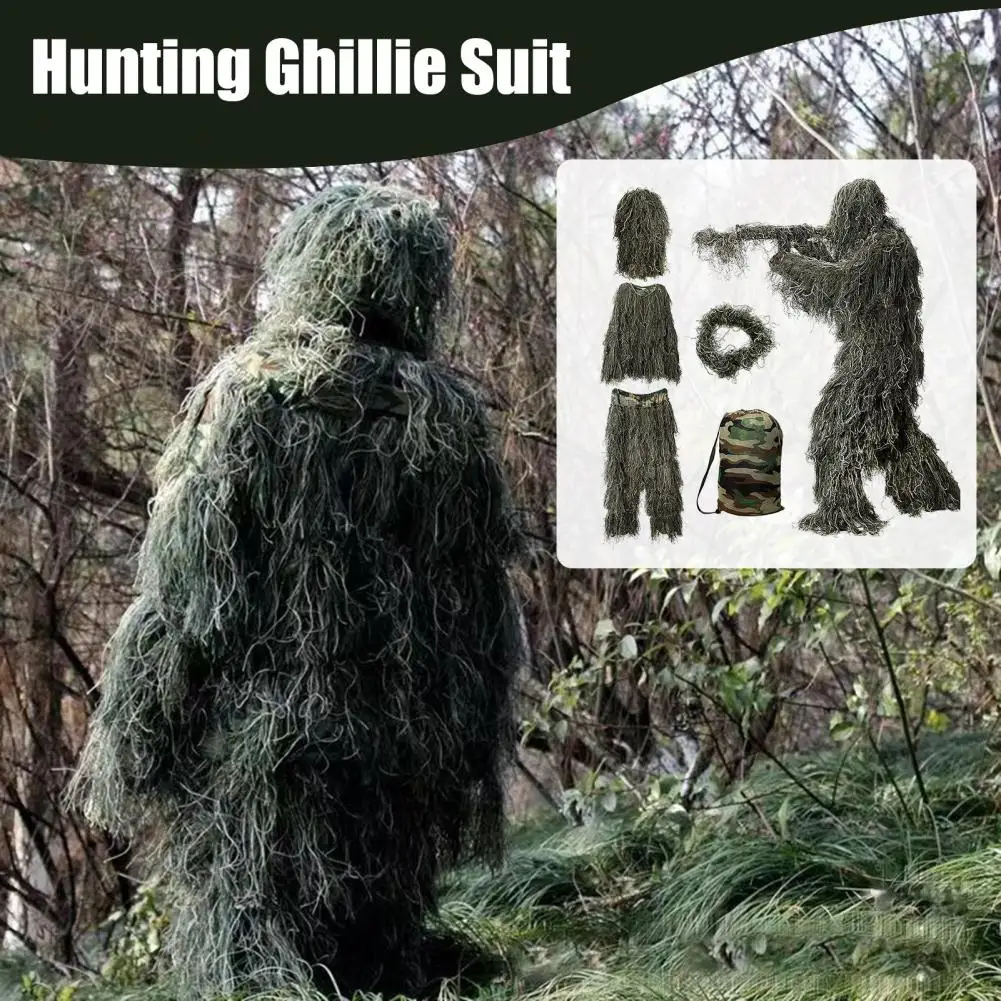 5Pcs/Set Ghillie Suit With Jacket Pants Hood Garland Carry Bag 3D Camouflage Hunting Apparel Adults Outdoor Woodland Clothes ghillie suit