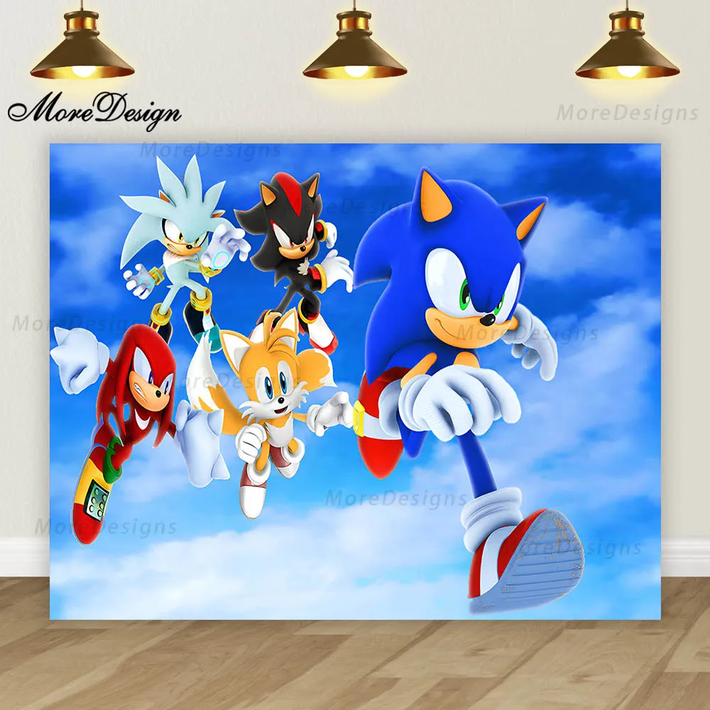thumbnail image 1 of Banner de cumpleaños de Sonic para niños, fiesta de niños, fotografía de fondo, decoración de dibujos animados, fondo de tela de poliéster y vinilo, 1 of 5