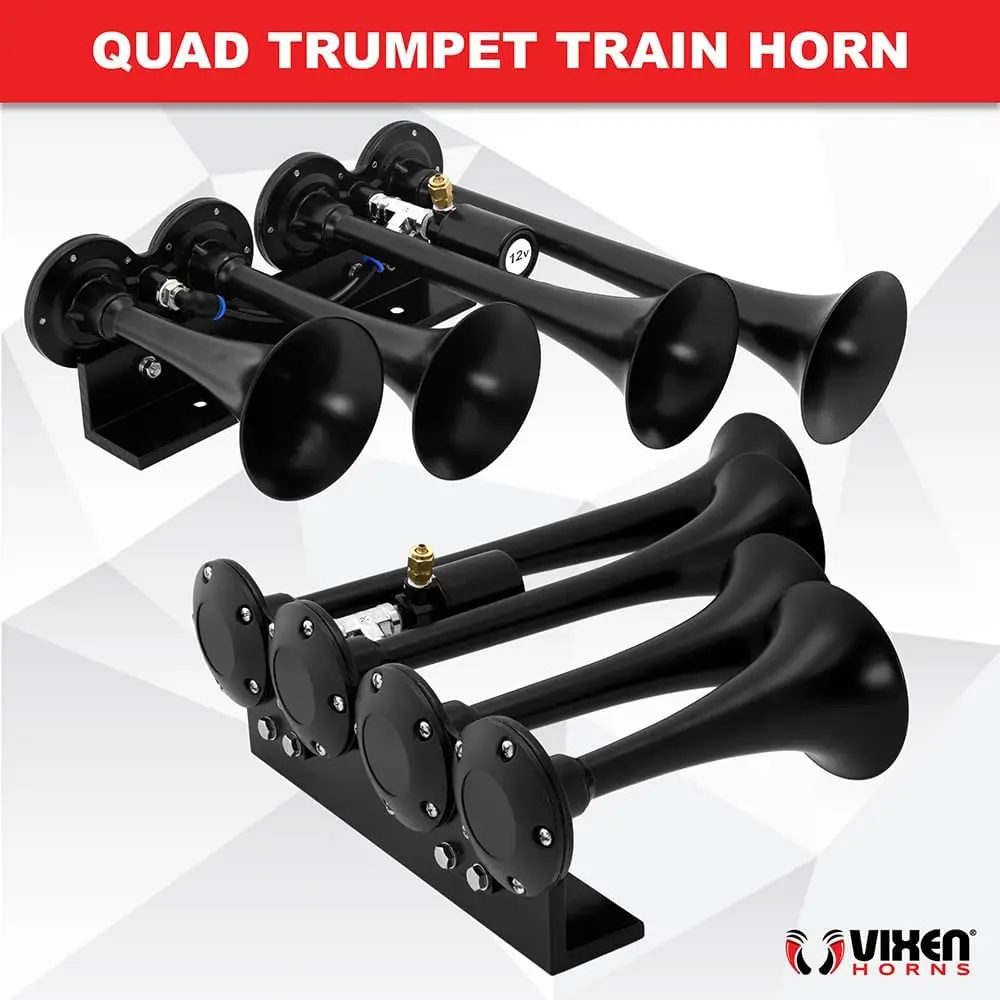 Train Horn Kit for Trucks/Car/Semi. Complete Onboard System- 150psi Air Compressor, 1.5 Gallon Tank, 4 Trumpets. Sup