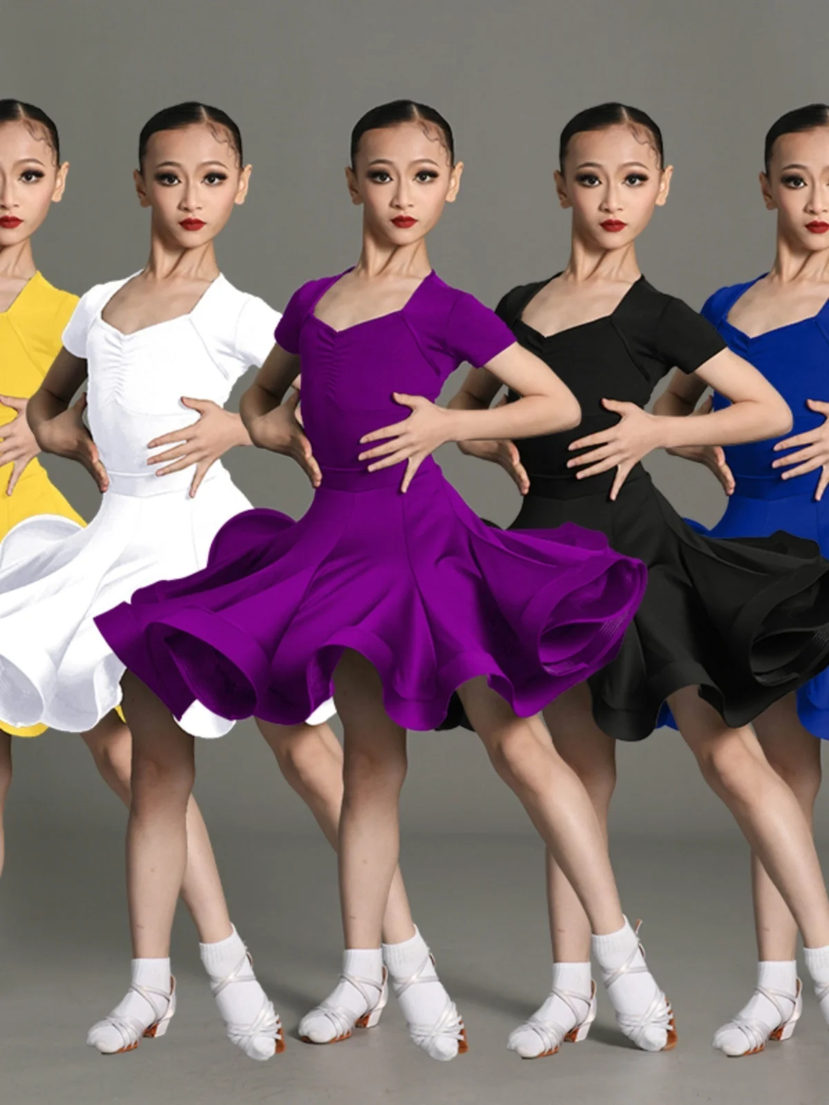ballroom latin Line Short Sleeve dress girls american dance rumba cha cha samba tango costume competition practice wear kids