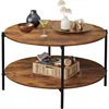 Round Coffee Table, 32.6" Small Coffee Table with Open Storage Shelf, 2-Tier Industrial Circle Wood Center Table 1