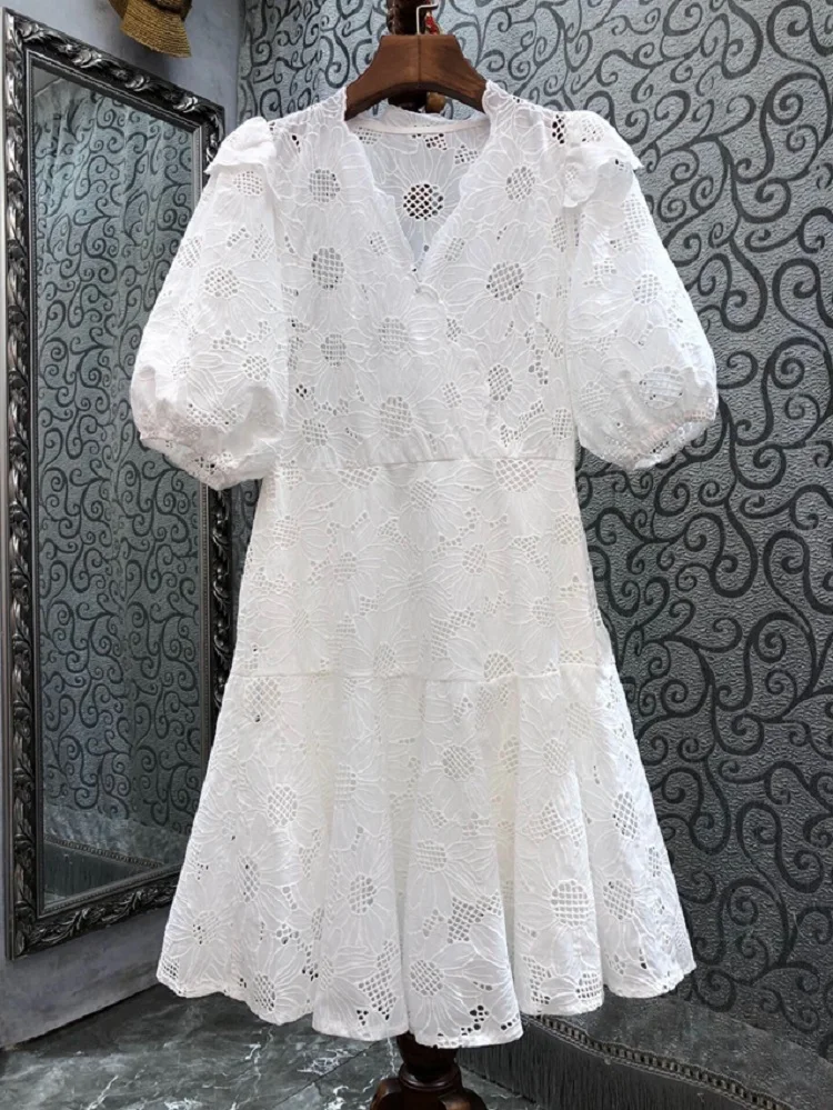 

100%Cotton Women's Dress 2023 Summer Clothes Ladies V-Neck Allover Exquisite Embroidery Short Sleeve White Orange Pink Dress
