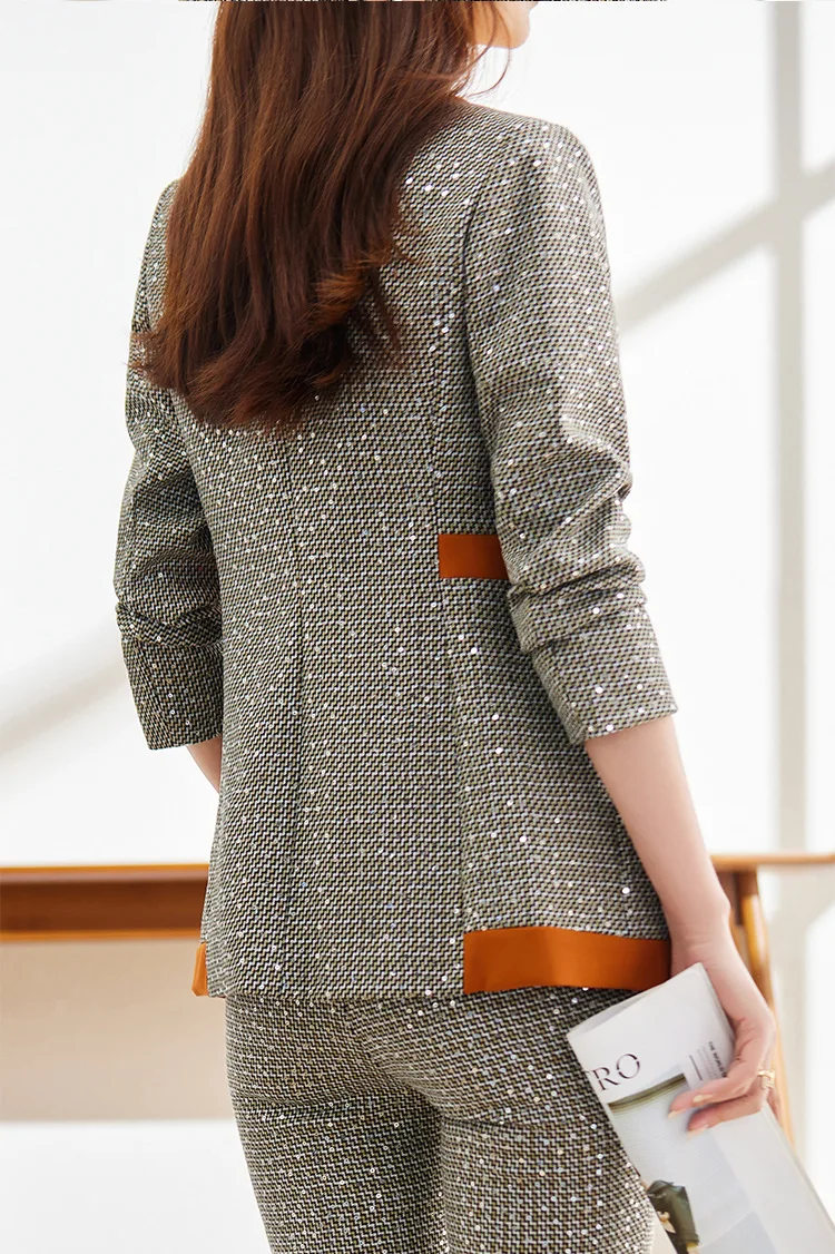 Tesco Office Suit For Women Plaid Blazer And Pants 2 Piece Sequined Chic Pant Sets Formal Patchwork Jacket For Work Women Suit