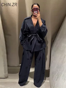 Elegant Lace Up Jackets Pants Sets Women Lapel Full Sleeve Pockets Coats Pleated Wide Leg Pant 2026 Spring Lady Casual Suits 1