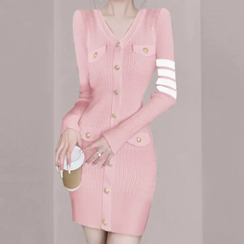 Autumn Winter Temperament Elegant Slim V-neck Dresses Women Fashion Sexy Commute Knitted Dress 3