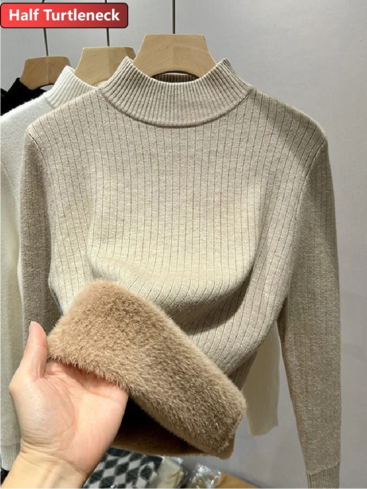 Sweater For Women Casual Thick Warm Knit Plush Velvet Lined Pullover Tops Fall Winter Soft Knitwear Jumper New Slim Poleras 2