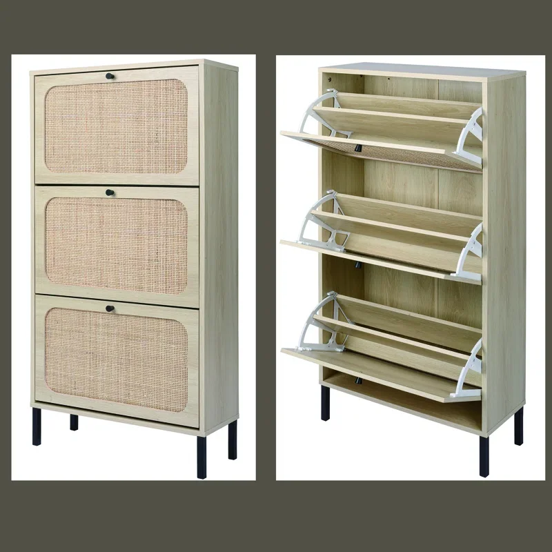 

Entryway Hallway Furniture Rattan Stand 3 Flip Drawers 15 Pair Wooden Rotating Shoe Rack Shoe Storage Cabinet