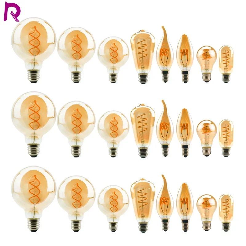 

Retro Spiral Filament LED Bulb A60 C35 ST64 T45 G80 G95 G125 T1225 4W E27 220V Dimmable Edison Lamp 2200K Warm Yellow Led Light