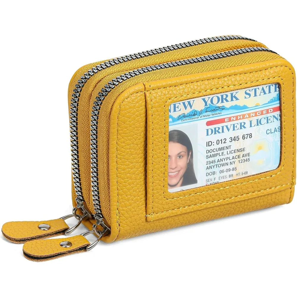 Elegant RFID Blocking Leather Wallet with Double Zipper and ID Window
