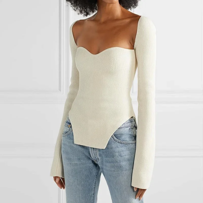 

Autumn Long Sleeve Sweater Sexy Off Shoulder Knitted Pullover Fashion Women 2024 Square Collar Casual Slim Tops New Jumper 23969