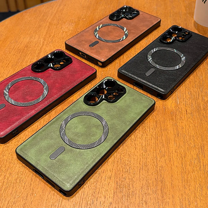 Magnetic PU Leather Case with Metal Camera Protector - Soft Shockproof Cover with Mag-safe Compatibility
