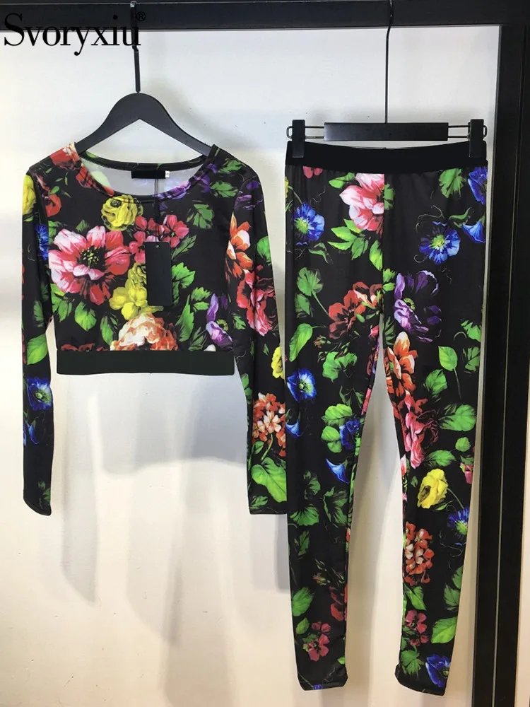 

Svoryxiu Fashion Runway Spring Summer Floral Print Trousers Suit Women's Long Sleeve Pullover Tops+Elastic Waist Pencil Pants