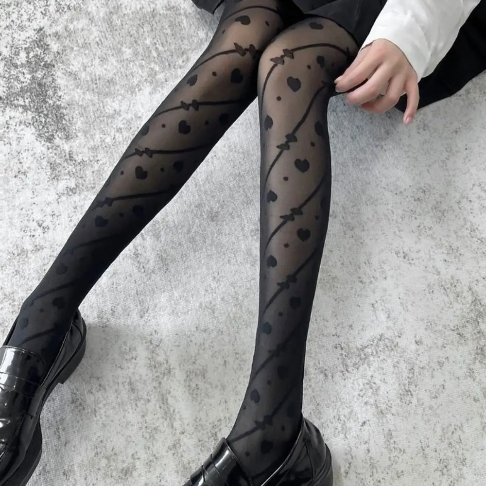 Casual Bowknot Heart Long Tights Transparent Lolita JK Stripe Dot Stockings Ultra-thin Harajuku Mesh Pantyhose Girl