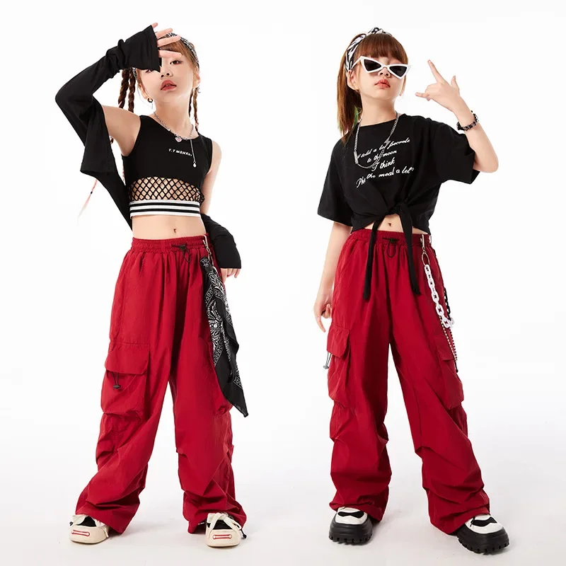 

Комплект одежды в стиле хип-хоп для девочек, черный топ с коротким рукавом и надписями + брюки-карго, подростковый стиль, Детский костюм для джазовых представлений