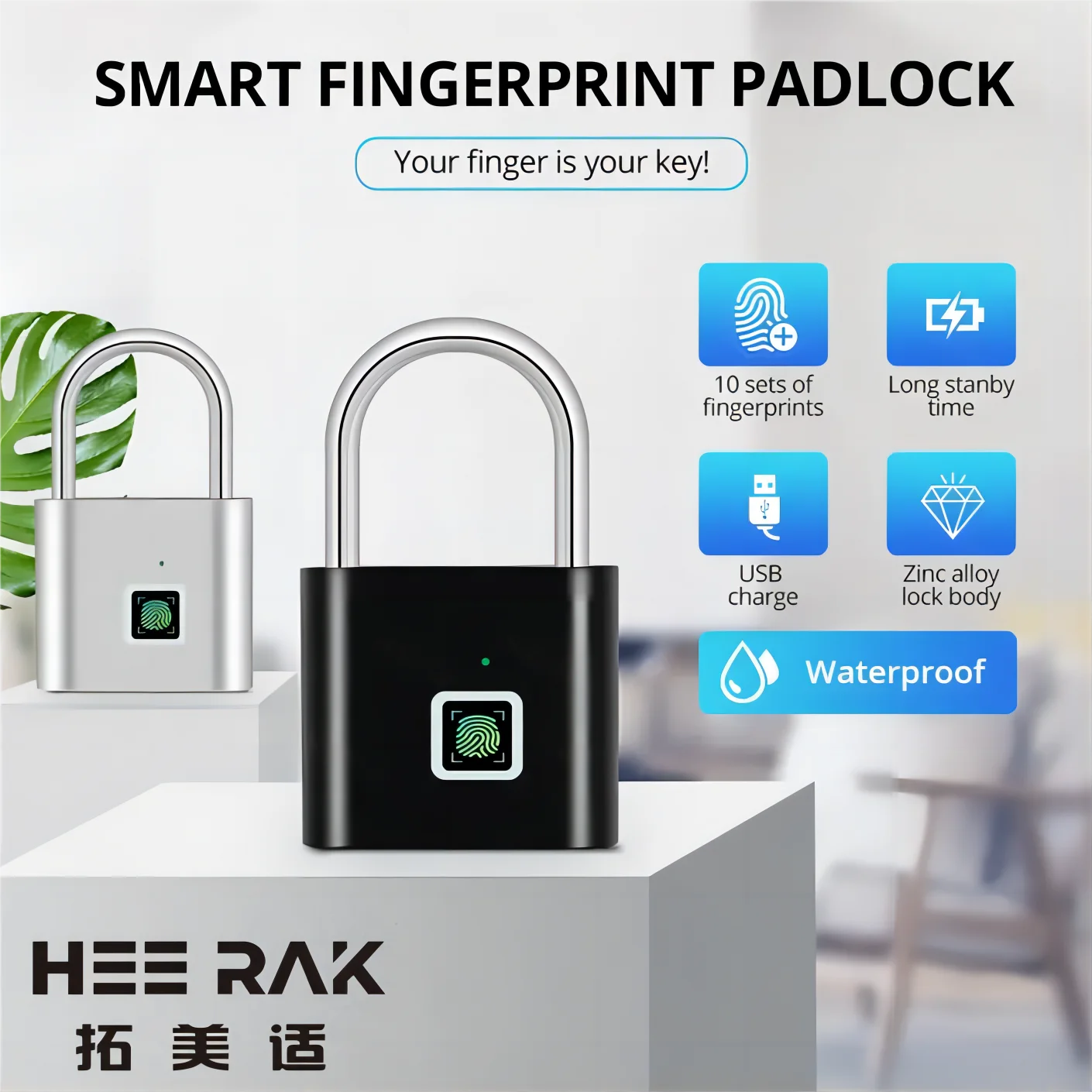HEE RAK 키리스 USB 충전 지문 잠금 스마트 자물쇠, 방수 문짝 자물쇠, 0.2 초 잠금 해제, 휴대용 도난 방지 자물쇠, 아연