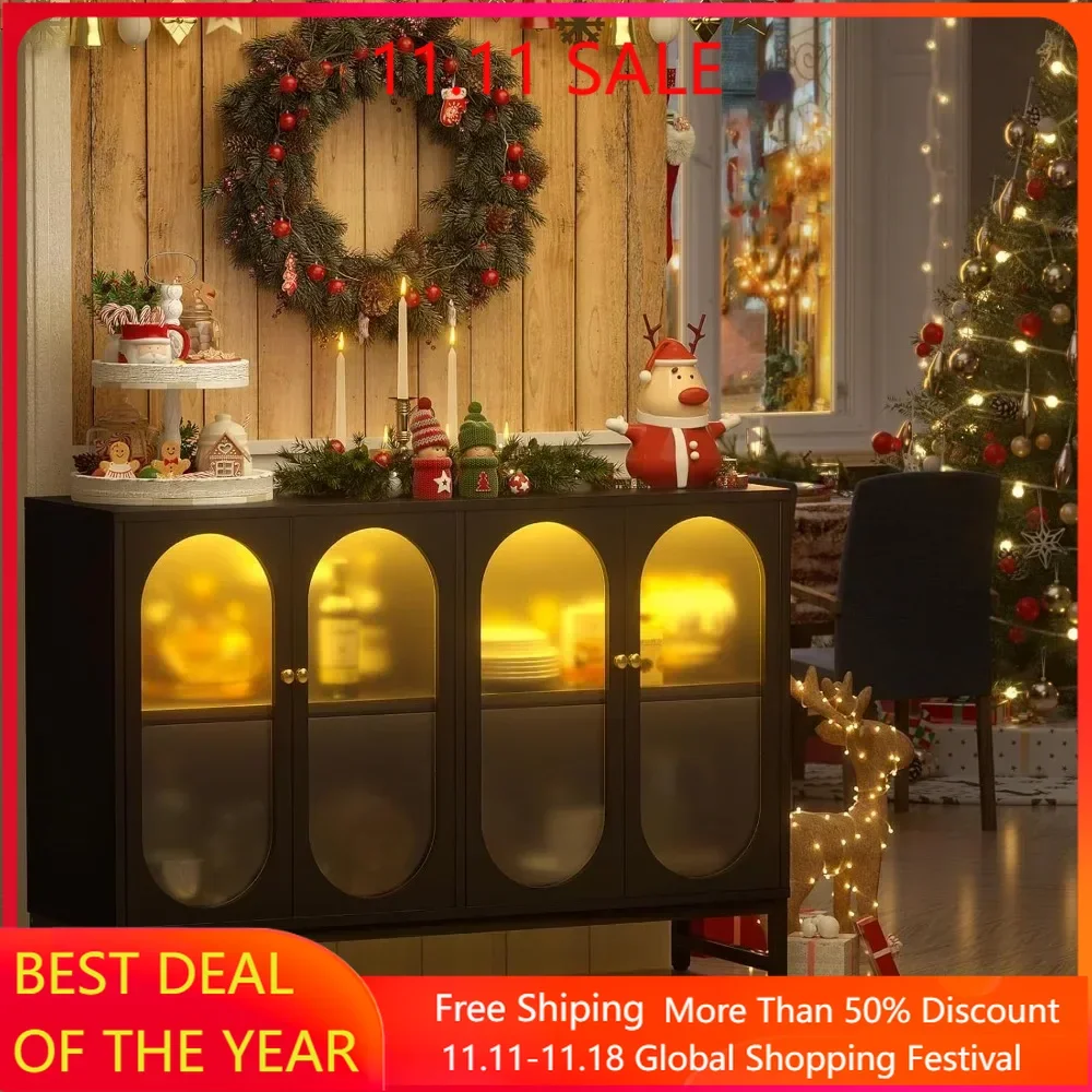 Sideboard Buffet Cabinet with Power Outlet, Accent Cabinet with LED Light, Sideboard Storage Coffee Bar Table
