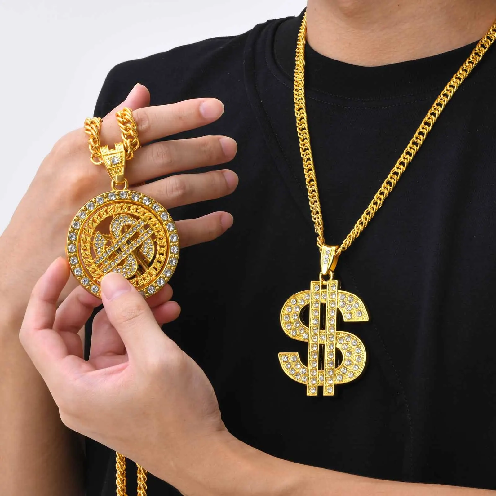 Men Gold Color Dollar Sign Necklaces with Cuban Chain,Hip Hop