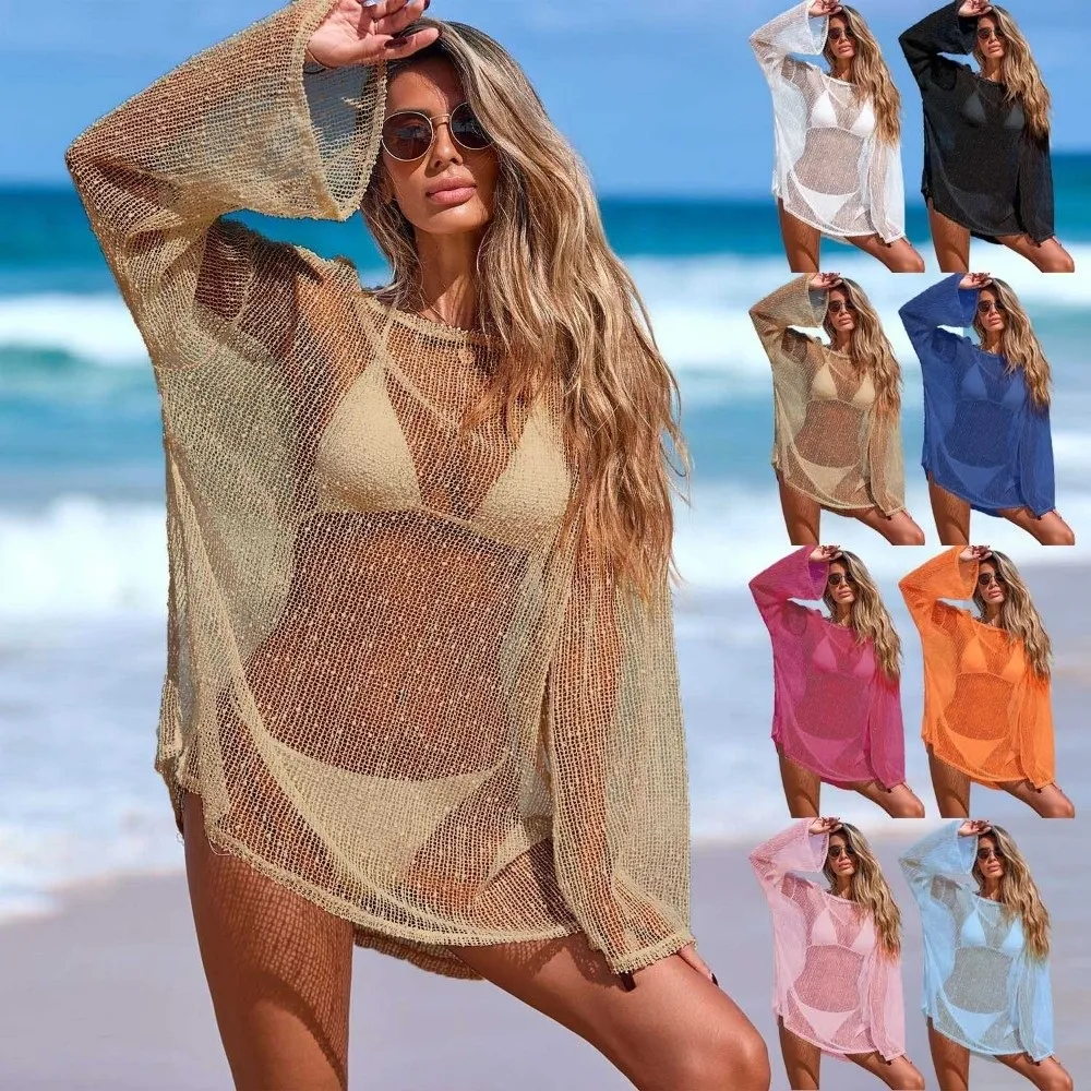 Women's Fashion Sheer Beach Dress Knit Texture Mesh Fabric Mesh Coverup Lightweight Boho Bikini Cover Up Beach Wear 4