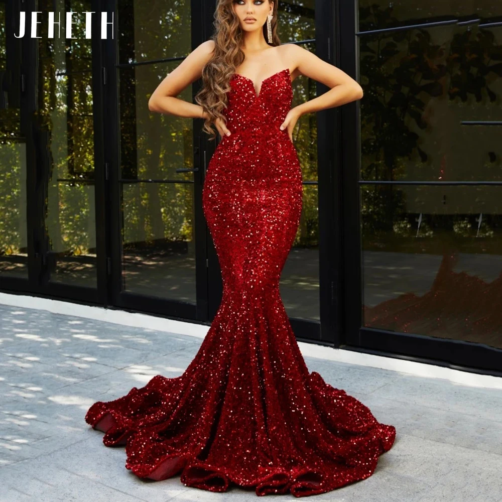 

JEHETH Elegant Bling Sequin Mermaid Evening Dresses Strapless Sleeveless Prom Gowns Vestidos De Noche Elegantes Para Mujer 2023