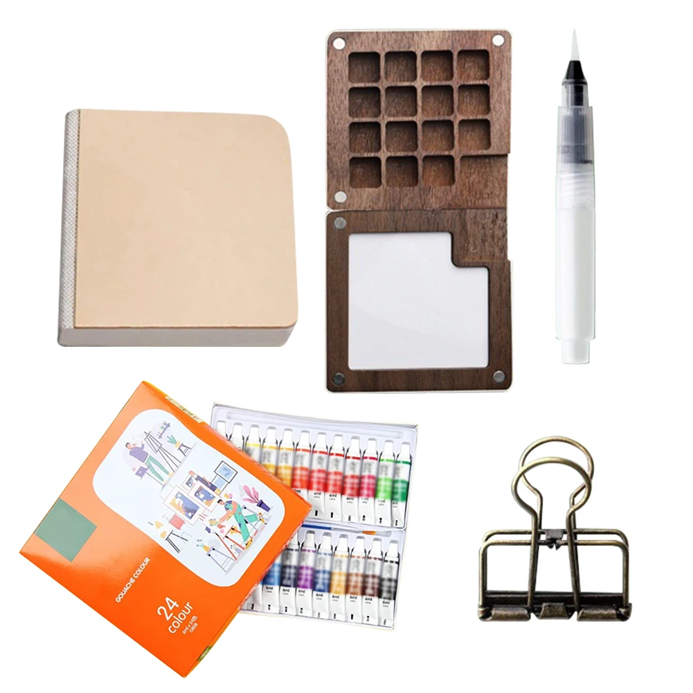 Travel Paint Palette Mini Watercolor Palette Set with Clip Portable Watercolor Set Wooden Grid Paint Box Gift for Kids
