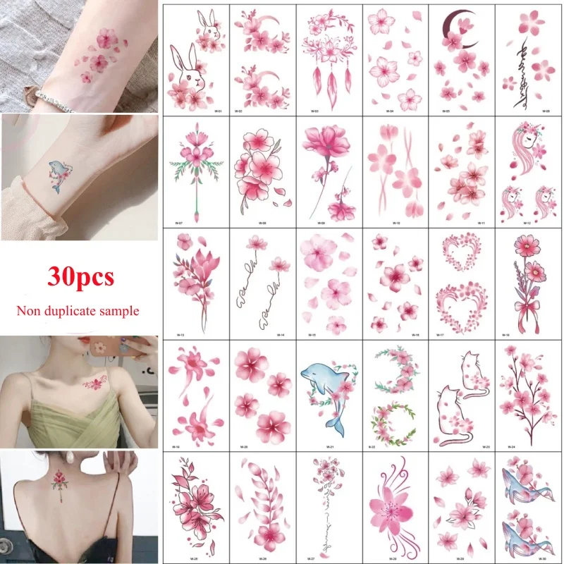 Tatuajes temporales de color estético para mujer, flor de cerezo falsa, tatuajes de pecho y brazo, a prueba de agua, 30 unidades por lote