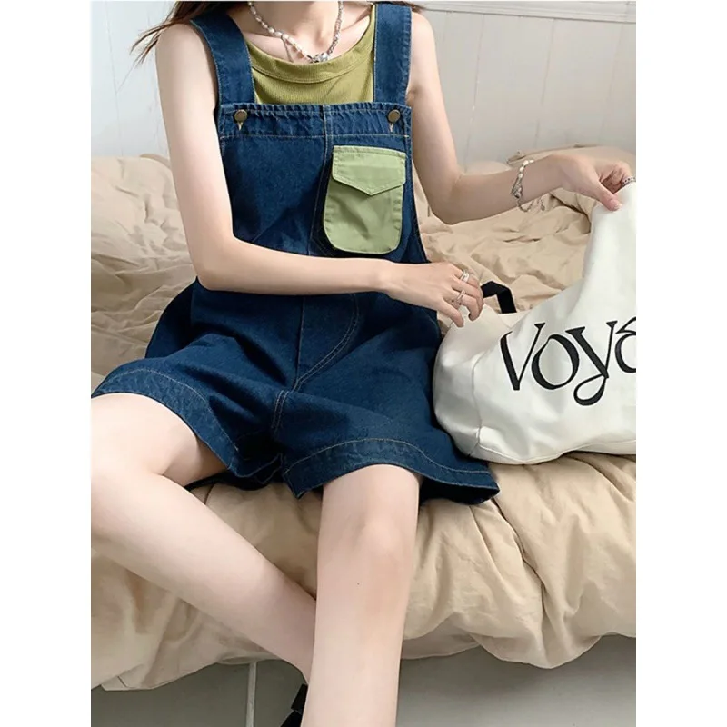 Overalls For Women Summer Denim Shorts Korean Style Workwear Vintage Classic Wide Leg Jeans Blue Baggy Casual Y2k Fashion Shorts