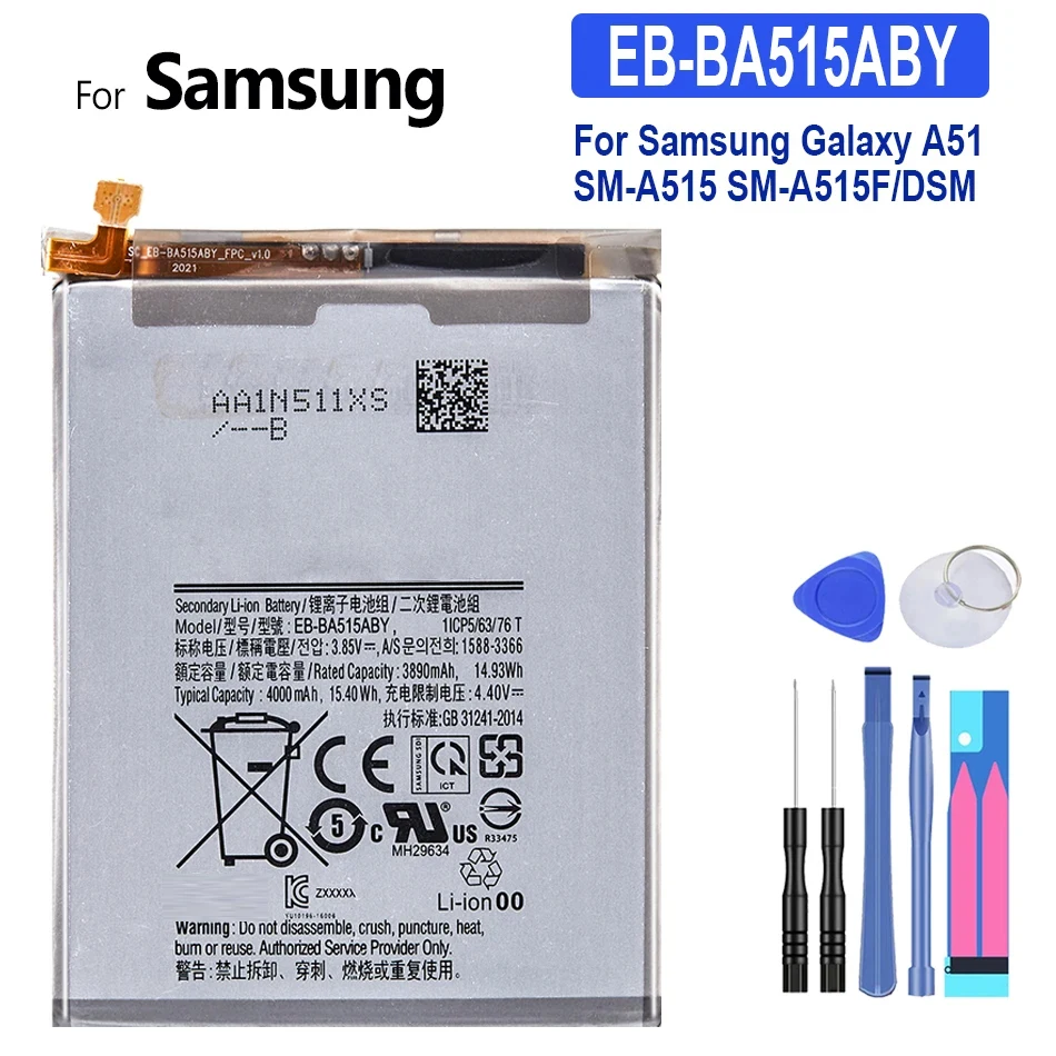 

New EB-BA515ABY 4000mAh Replacement Battery For Samsung Galaxy A51 SM-A515 SM-A515F/DSM Batteries + Tools