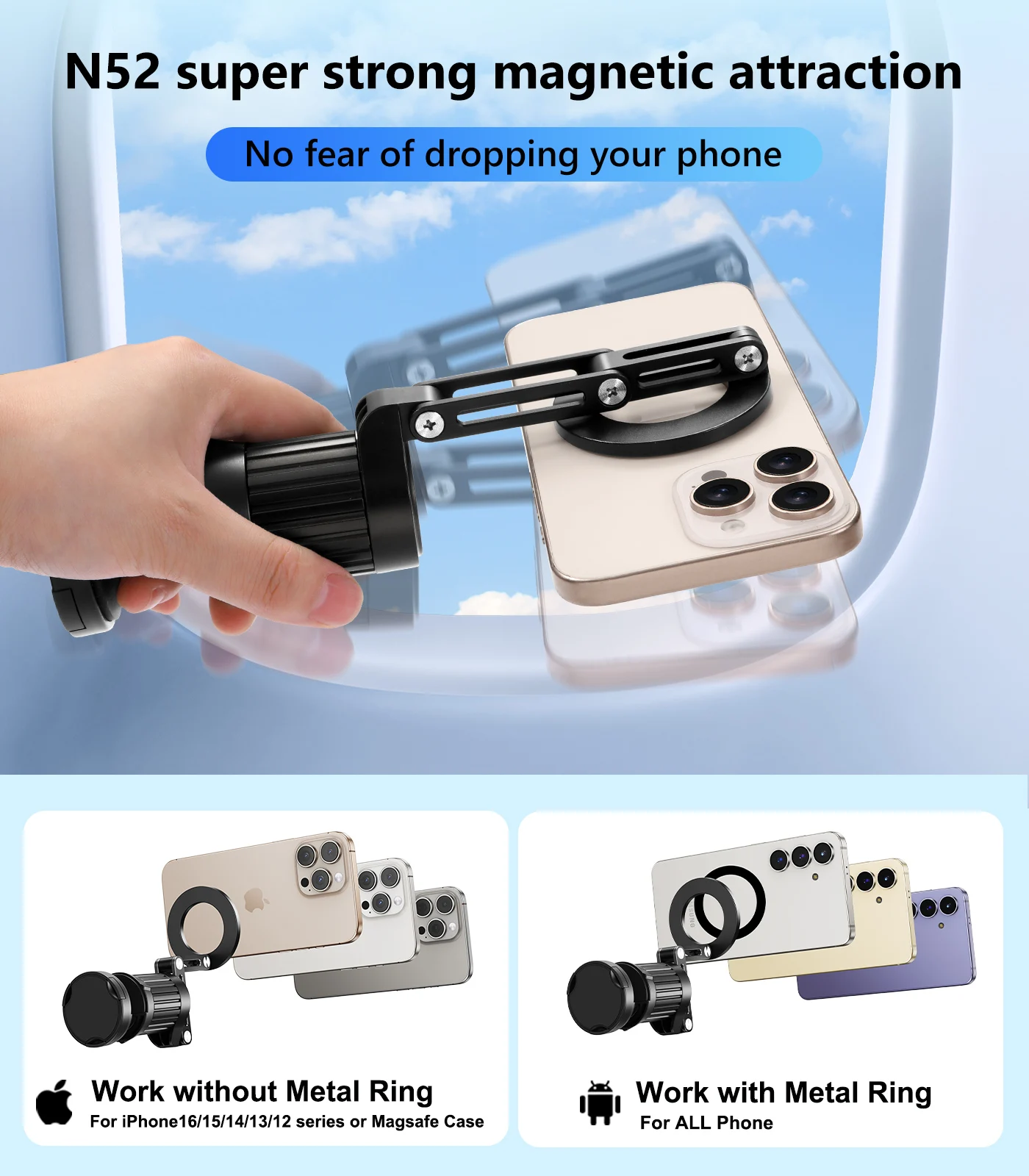 Eary Magnetic Phone Holder Stand Airplane Travel Accessories 360° Rotatable Portable for Desk Train Seat for iPhone 16 Samsung