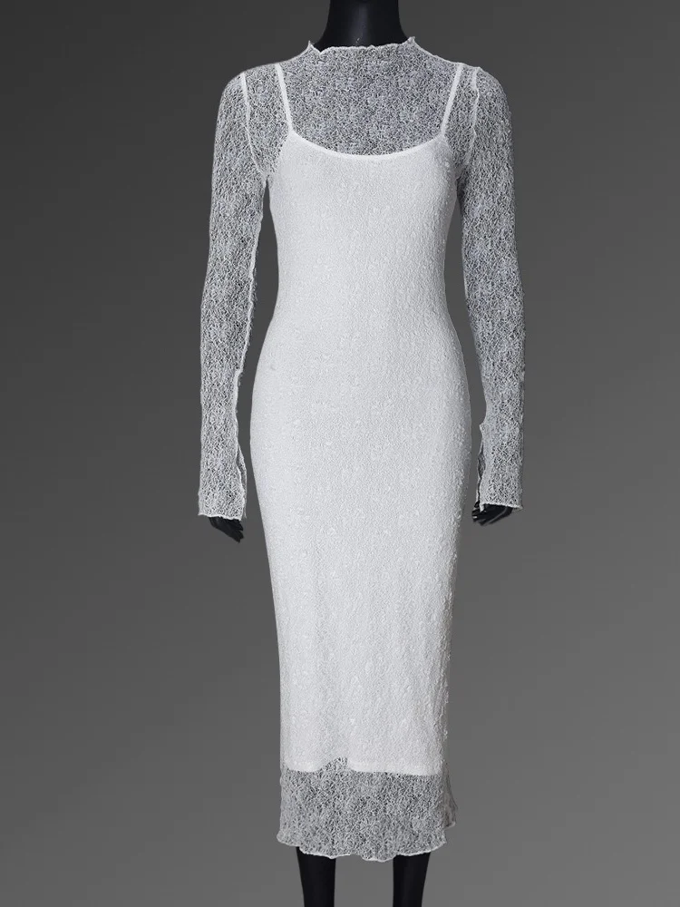 Wmstar Women Dresses 2025 Wholesale Sexy Mesh Patchwork Long Sleeve Summer High Waist Draped Bodycon Street Wear Long Dress