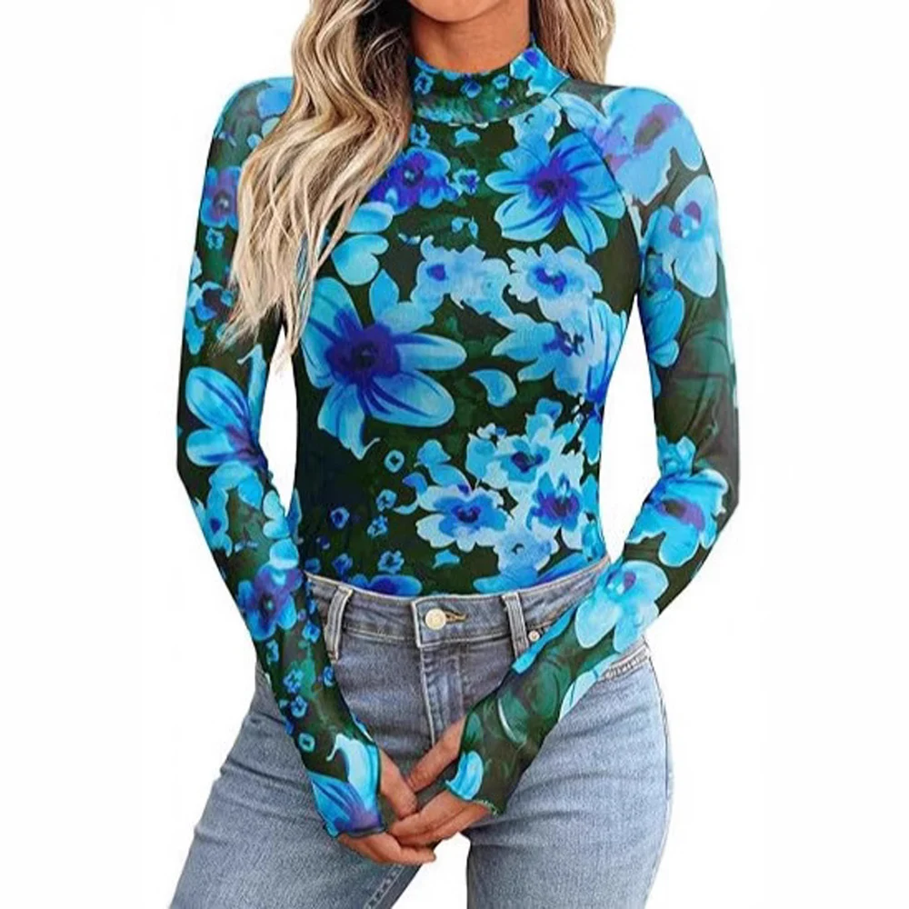 Women Floral Print Long Sleeve Slim Fit T Shirt Summer