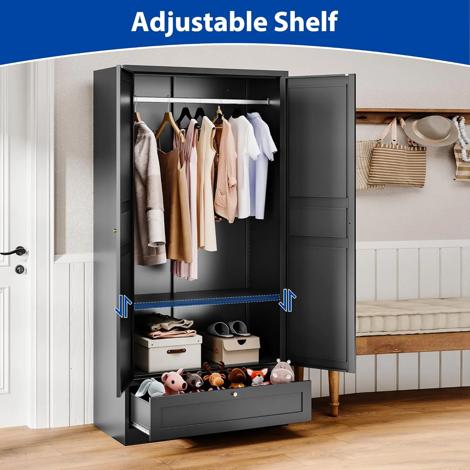 Metal Armoire Wardrobe Closet with 2 Doors 72''Wardrobe Cabinet with Drawers & Hanging Rail Metal Closet with Adjustable Shelves 3
