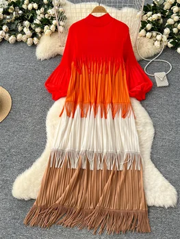 SINGREINY Multicolor Spring Loose Dress Women Lantern Sleeve Temperament O Neck 2025 Newest Vintage Tassel Senior Long Dresses 1