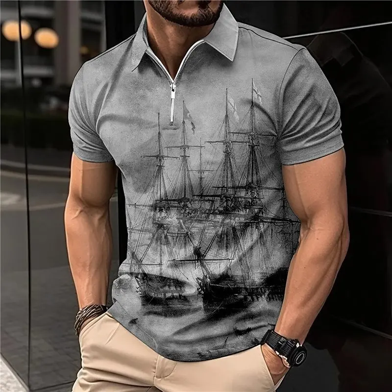 

Men's Zipper Lapel Polo Shirt Golf Shirt Graphic Prints Vintage Sailboat Casual Outdoor Street Short Sleeve Top Pullover