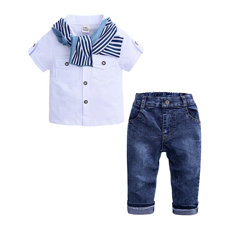 3Pcs Boys Outfits Set for 2025 Summer Kids Random Cool Clothes Toddler T-Shirt + Jeans + Scarf Fashion Suits Children's Clothing kids clothes
