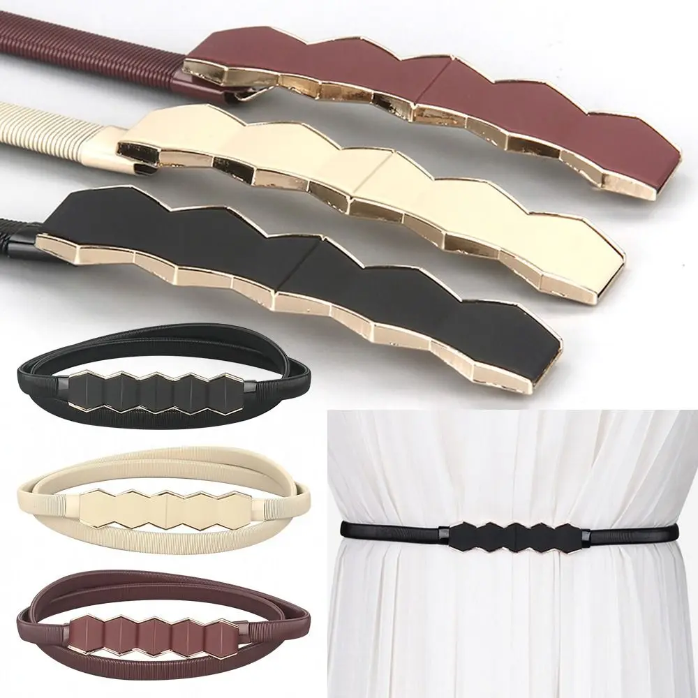 

Fashion Ladies Stretch Thin Skinny Waistband Ladies Dress Cummerbands Belly Waist Band Geometric Metal Elastic Belt