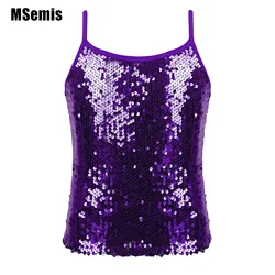 Kids Girls Summer Camisole Top Shiny Sequins Sleeveless Tank Top Vest Children Gymnastics Jazz Ballet Dance Clothes Streetwear