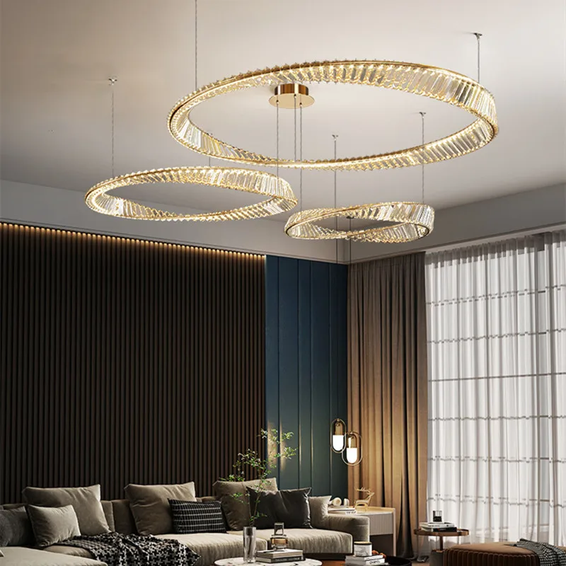 Modern K9 Crystal Lustre Ceiling Chandelier Plated Steel Gold Irregular Ring Pendant Lamp Led Dimmable Living Room Hanging Light