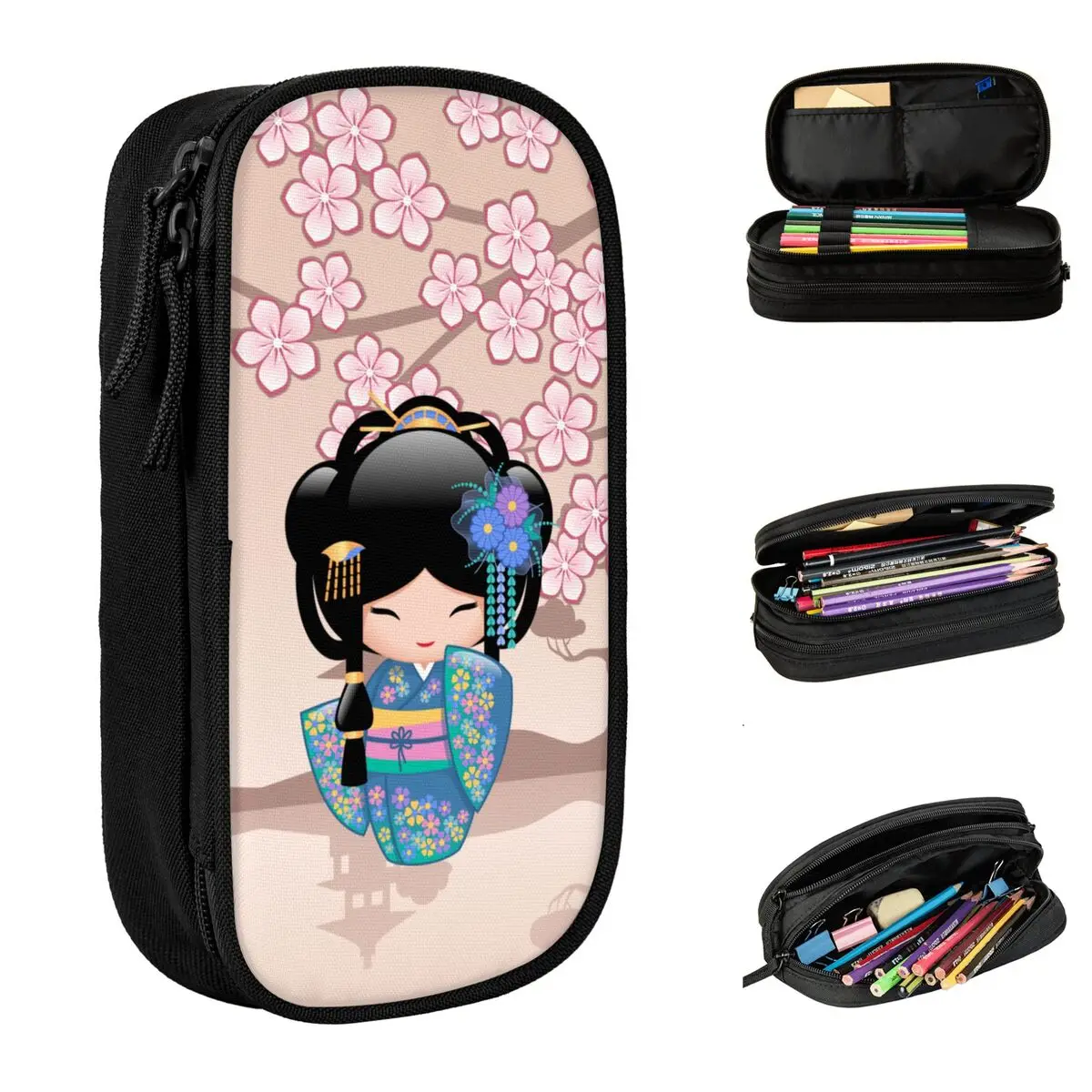 

Keiko Kokeshi Doll - Blue Kimono Pencil Cases Fashion Pen Bag for Student Large Storage Students School Zipper Pencil Box