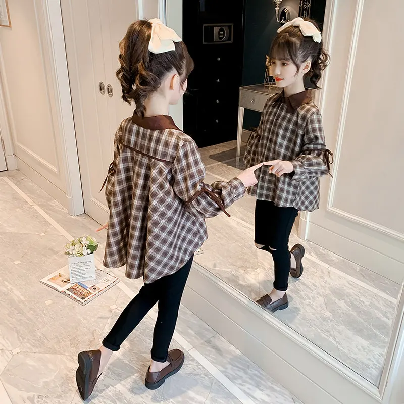 

Fashion Baby Girl Plaid Shirt Jacket Child Khaki Retro Casual Style Top Spring Autumn Princess School Blouses Clothes 4-13Years