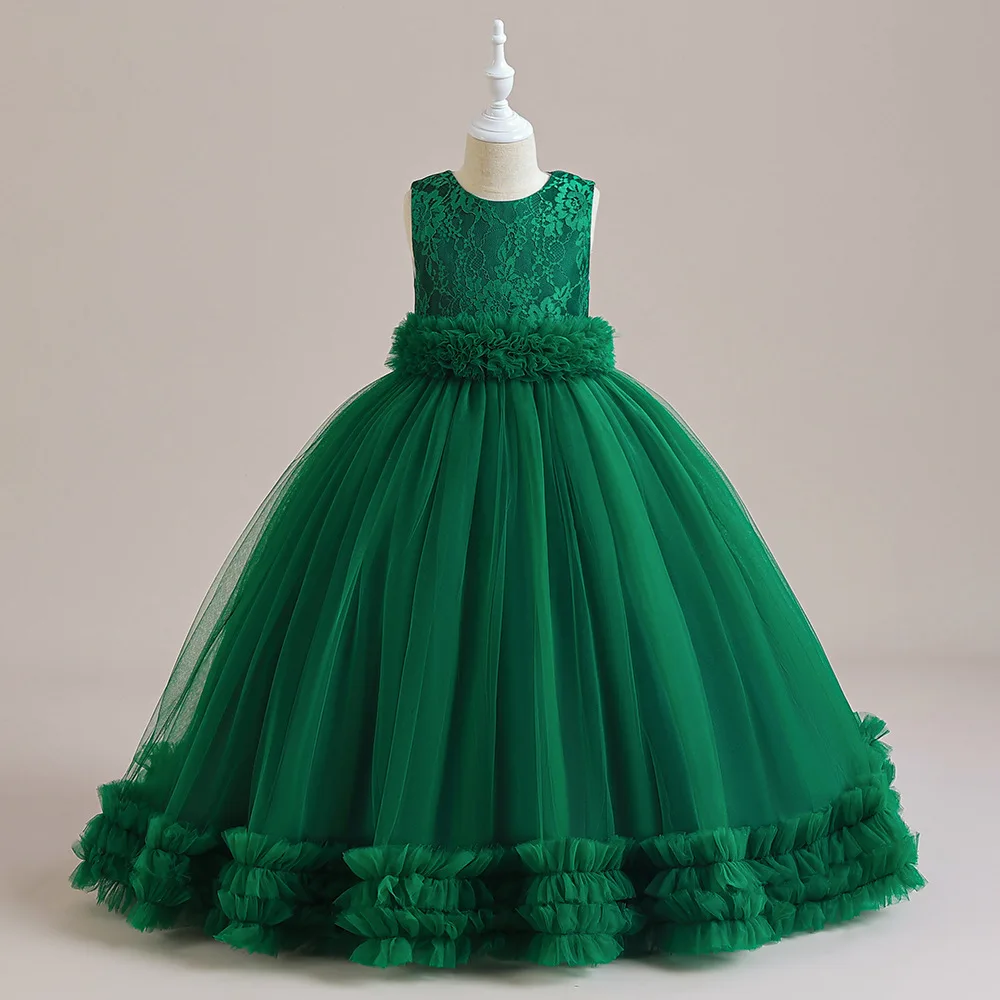 

First Comunion Dresses Girl Sleeveless Green Lace Princess Pageant Dresses Kids Tulle Puffy Prom Ball Gow