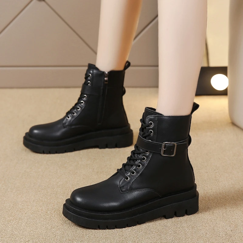 2022 Fashion Women's Ankle  Lace Up Fur Lining Modern Boots Short Comfy Combat Shoes Women Shoes  Platform Boots New
