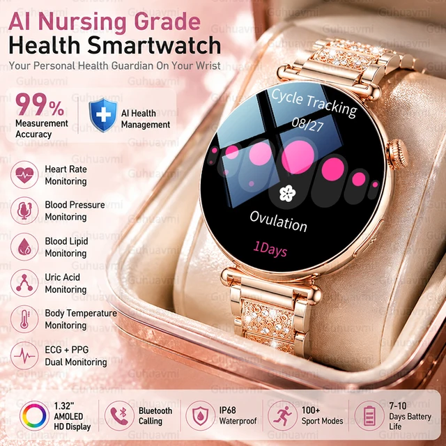 Montre connectée de luxe pour femmes, écran AMOLED de 1.32 pouces, moniteur de fréquence cardiaque, de pression artérielle, étanche IP68, montres de sport 1